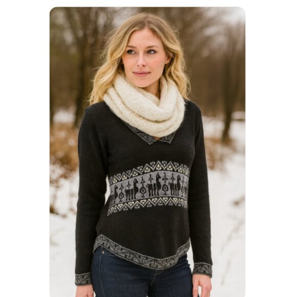 Manos de la Comunidad Peruvian SZ M 100% Baby Alpaca Sweater V Neck Black Gray - Picture 1 of 8